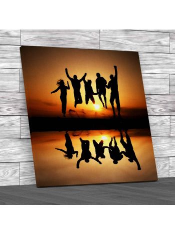 Jumping for Joy At Beach Square Canvas Print Large Picture Wall Art